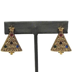 Vintage‎ Avon Christmas Tree Earrings Rhinestones Dangle Holiday Pierced 1990s